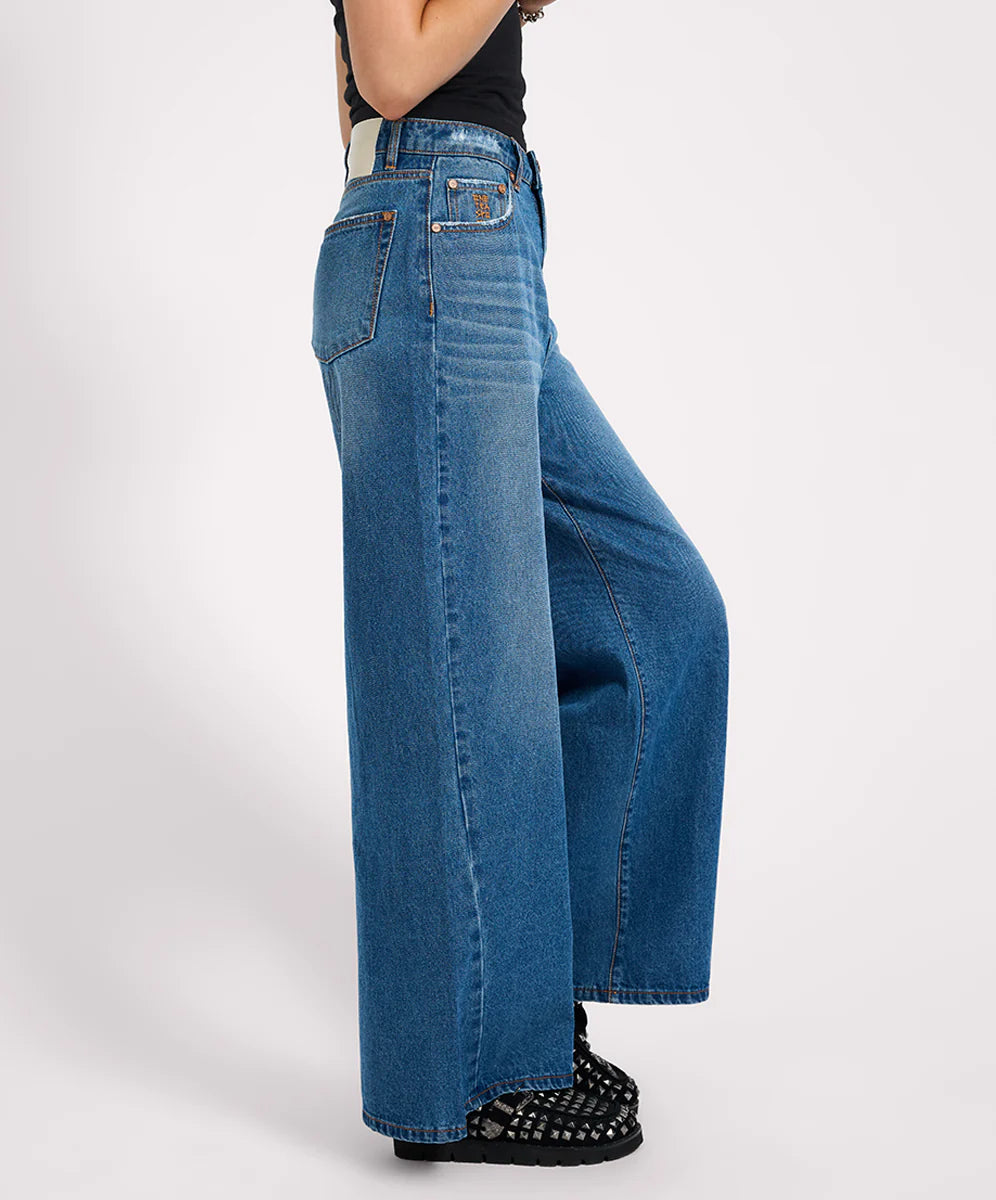 Love Machines Mid Waist Super Wide Leg Denim Jeans- Pacifica