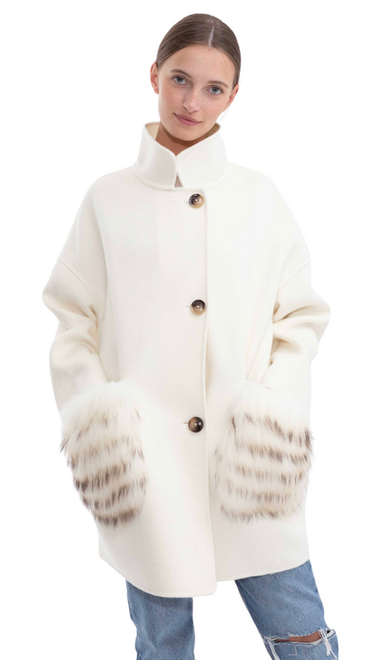 Chelsea Cashmere Coat Raccoon Pockets -Ivory