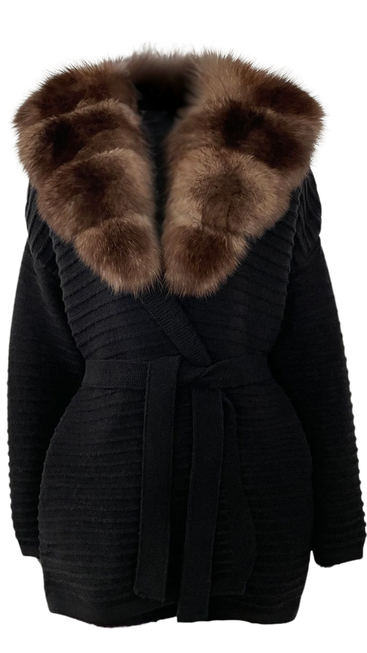 The Luxe Fox Fur Knit Cardigan-Black/ Brown