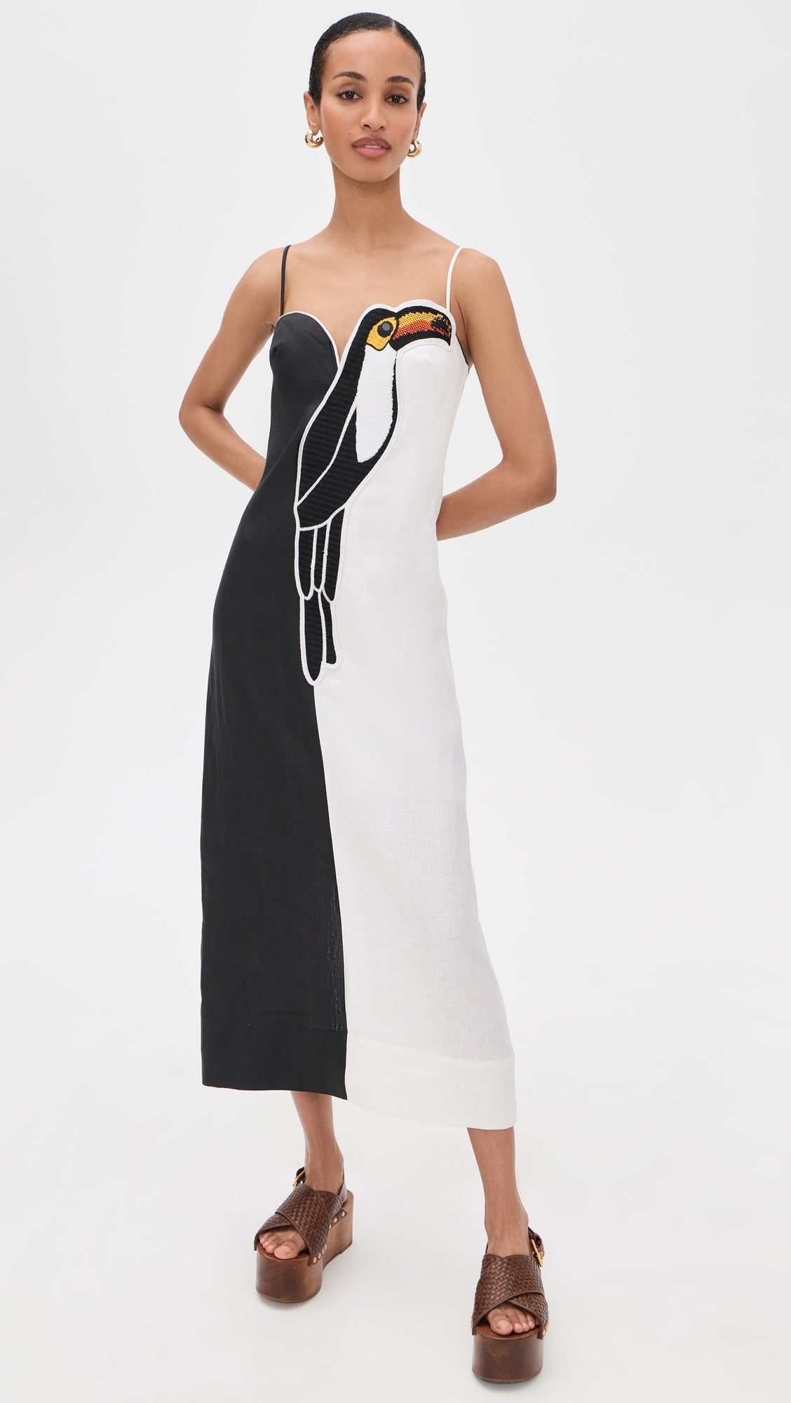 Black And White Embroidered Toucan Maxi Dress