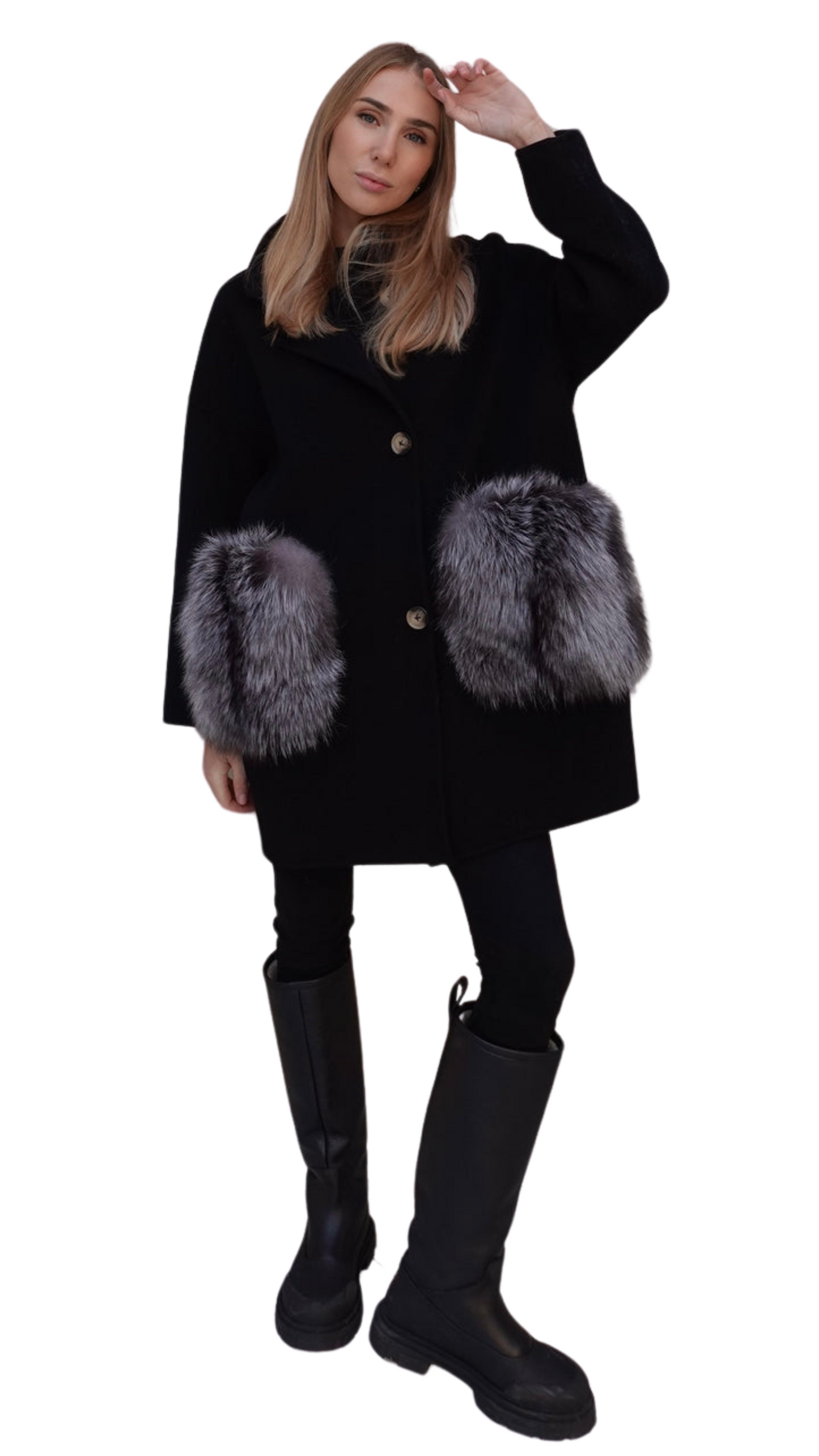 Chelsea Cashmere Coat Silver Fox Pockets - Black