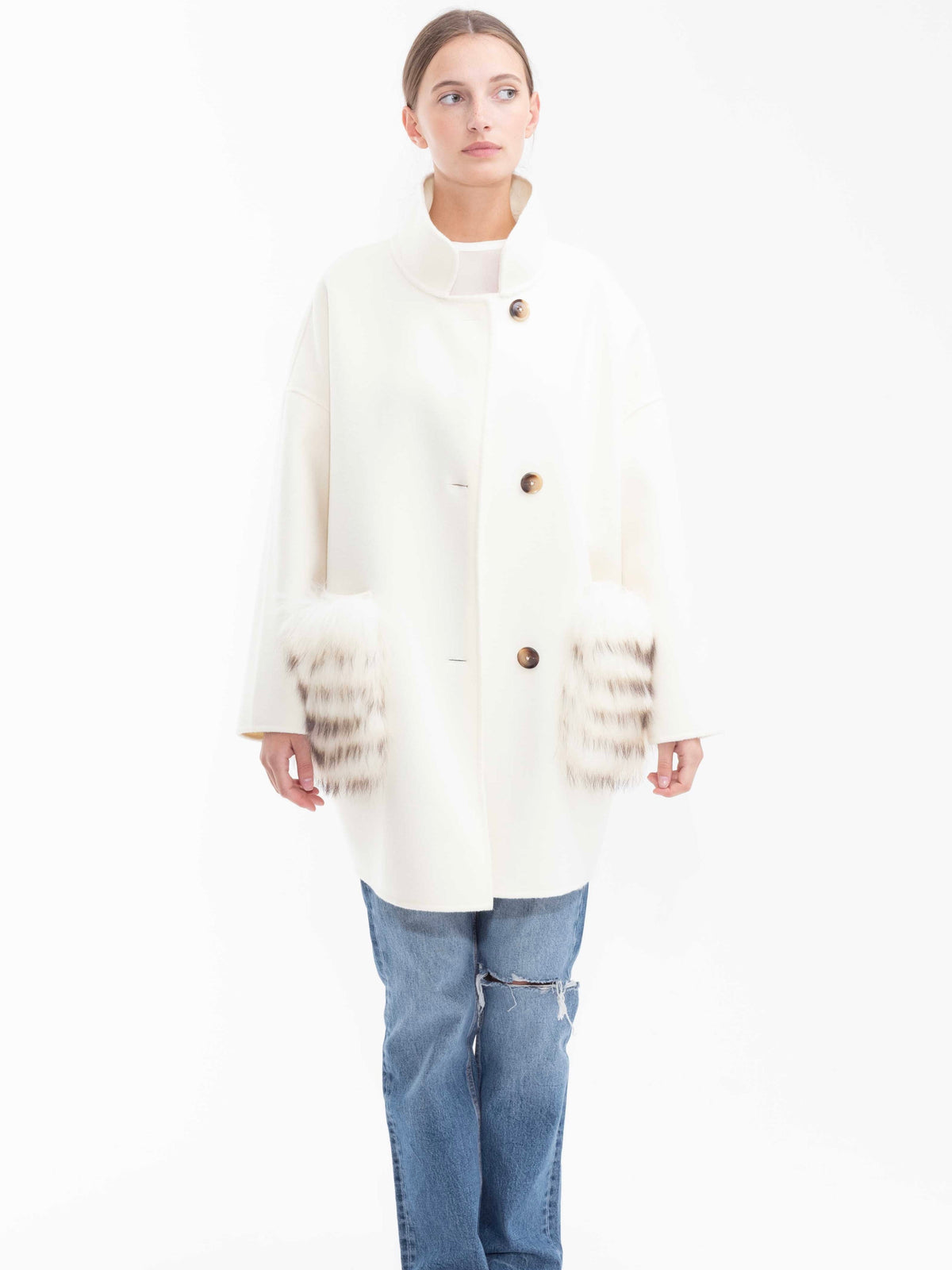 Chelsea Cashmere Coat Raccoon Pockets -Ivory