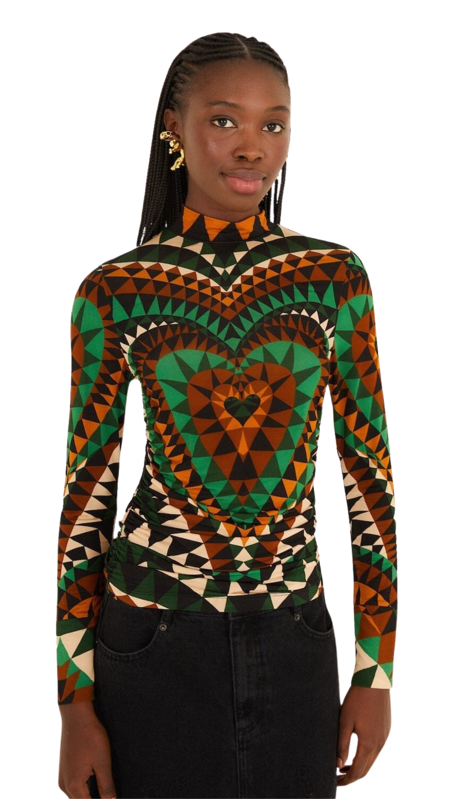 Green Heart Deco Ruched Waist Jersey Blouse