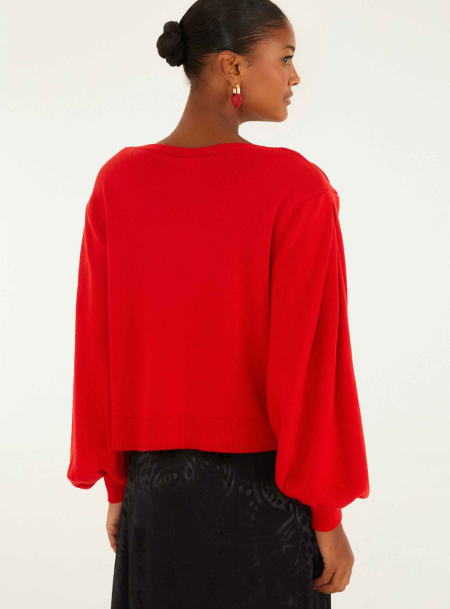 Red 3d Heartful Puff Sleeve Knit Cardigan