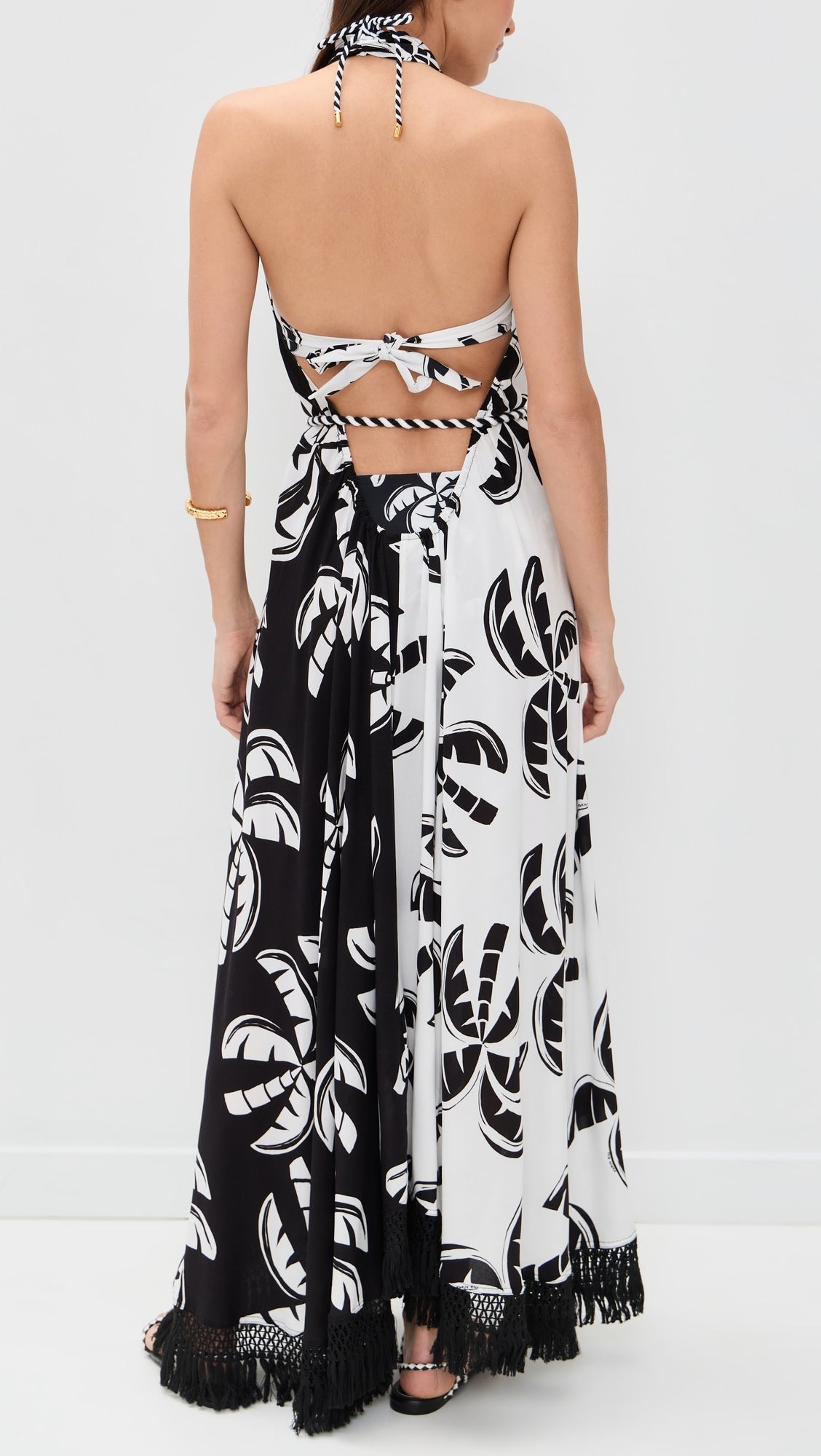 Black And White Graphic Palms Belted Maxi Dress