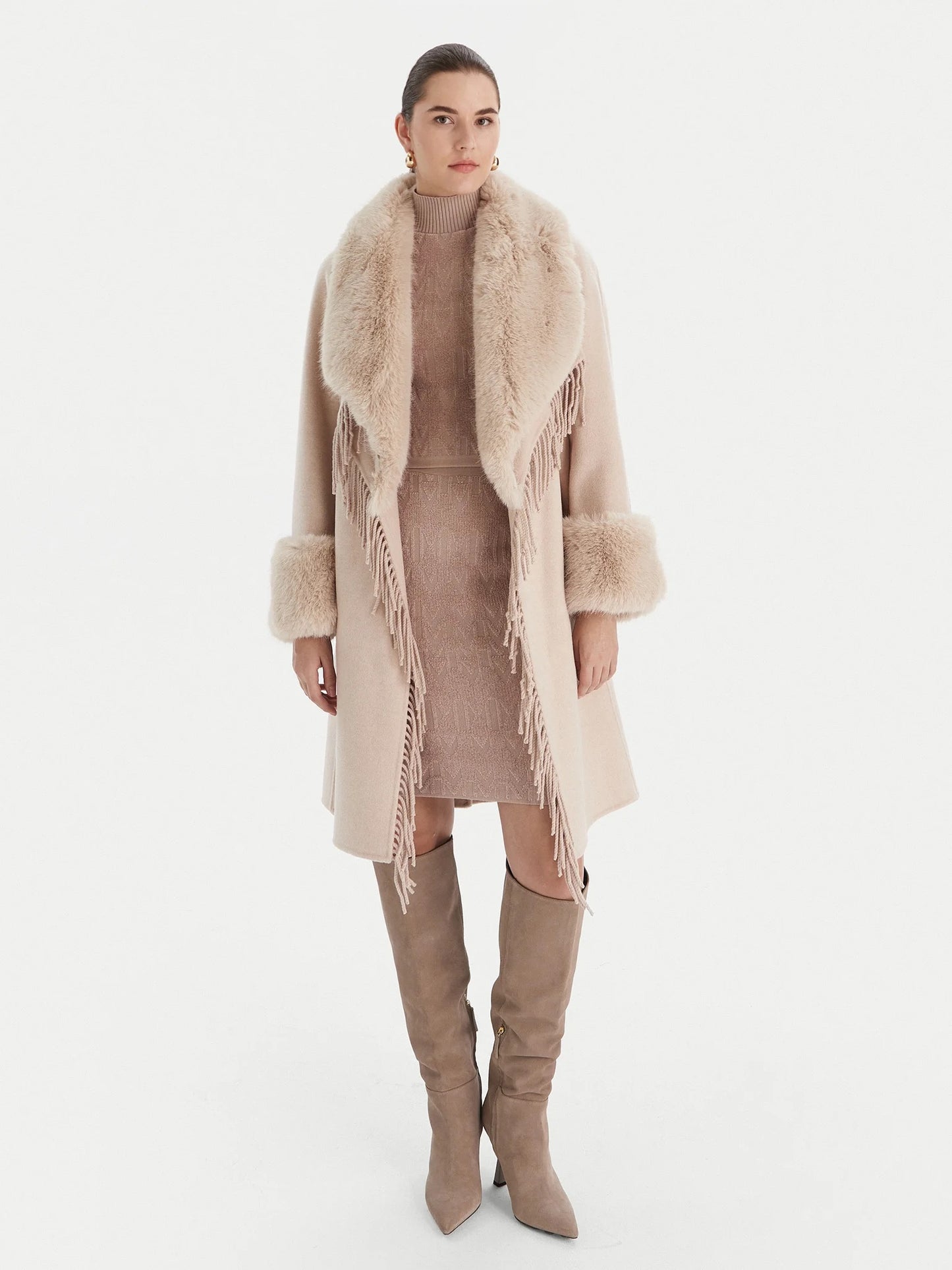 The Luxe Fox Fur Trim Wool Coat in Oatmeal