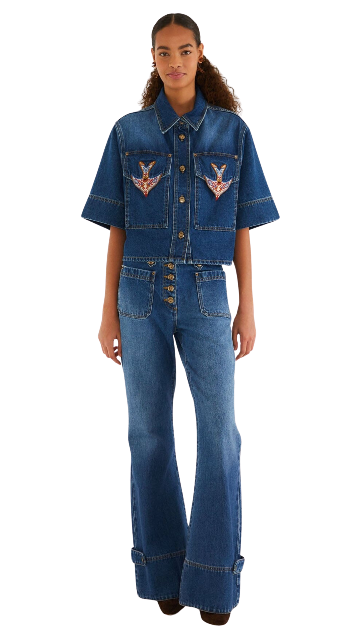 Denim Porcelain Birds Embroidered Shirt