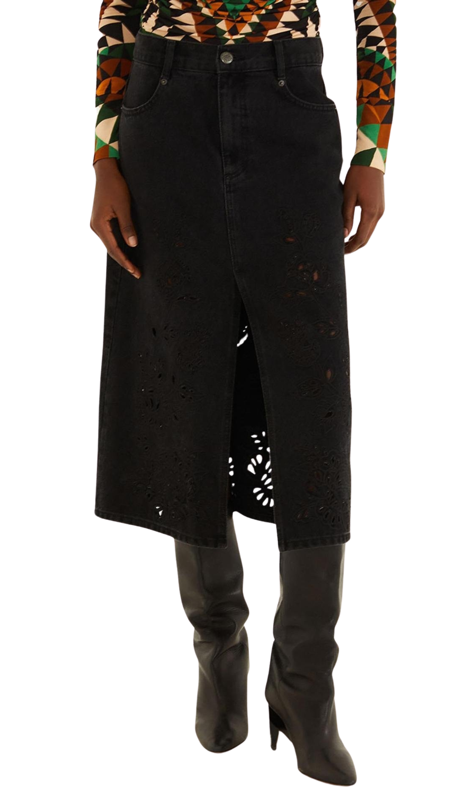 Black Cut-Out Richelieu Denim Skirt