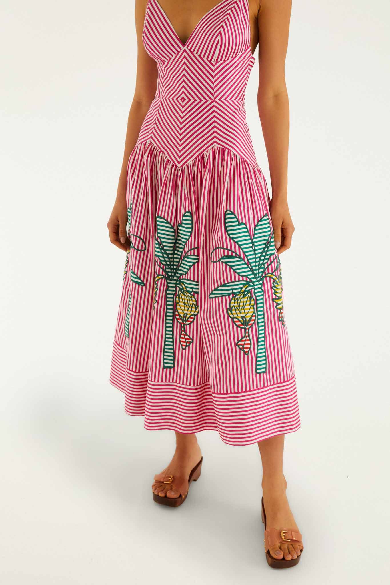 Pink Palm Tree Stripes Cutwork Midi Dress