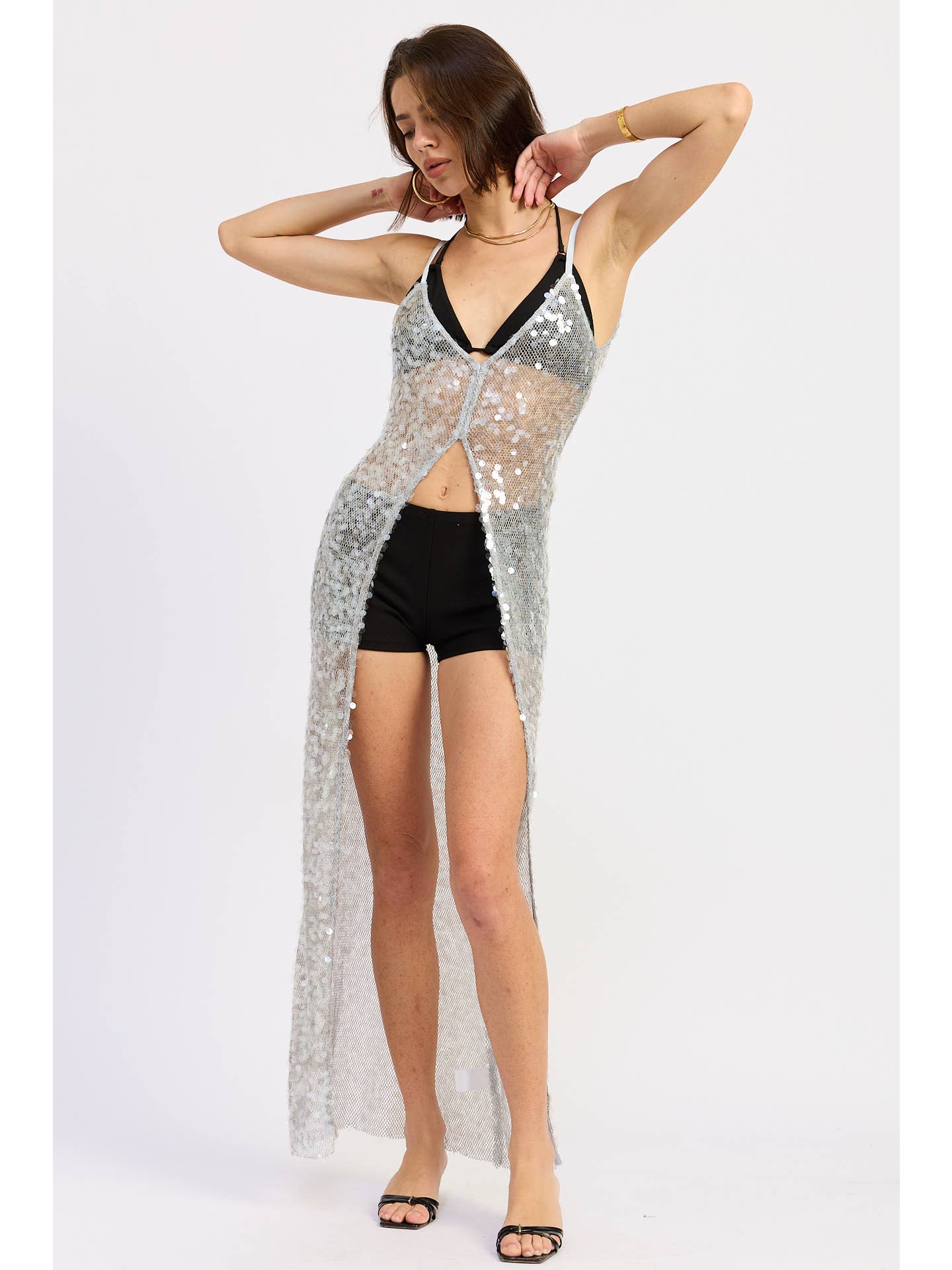 Sheer Sequin Maxi Overlay Top – Silver