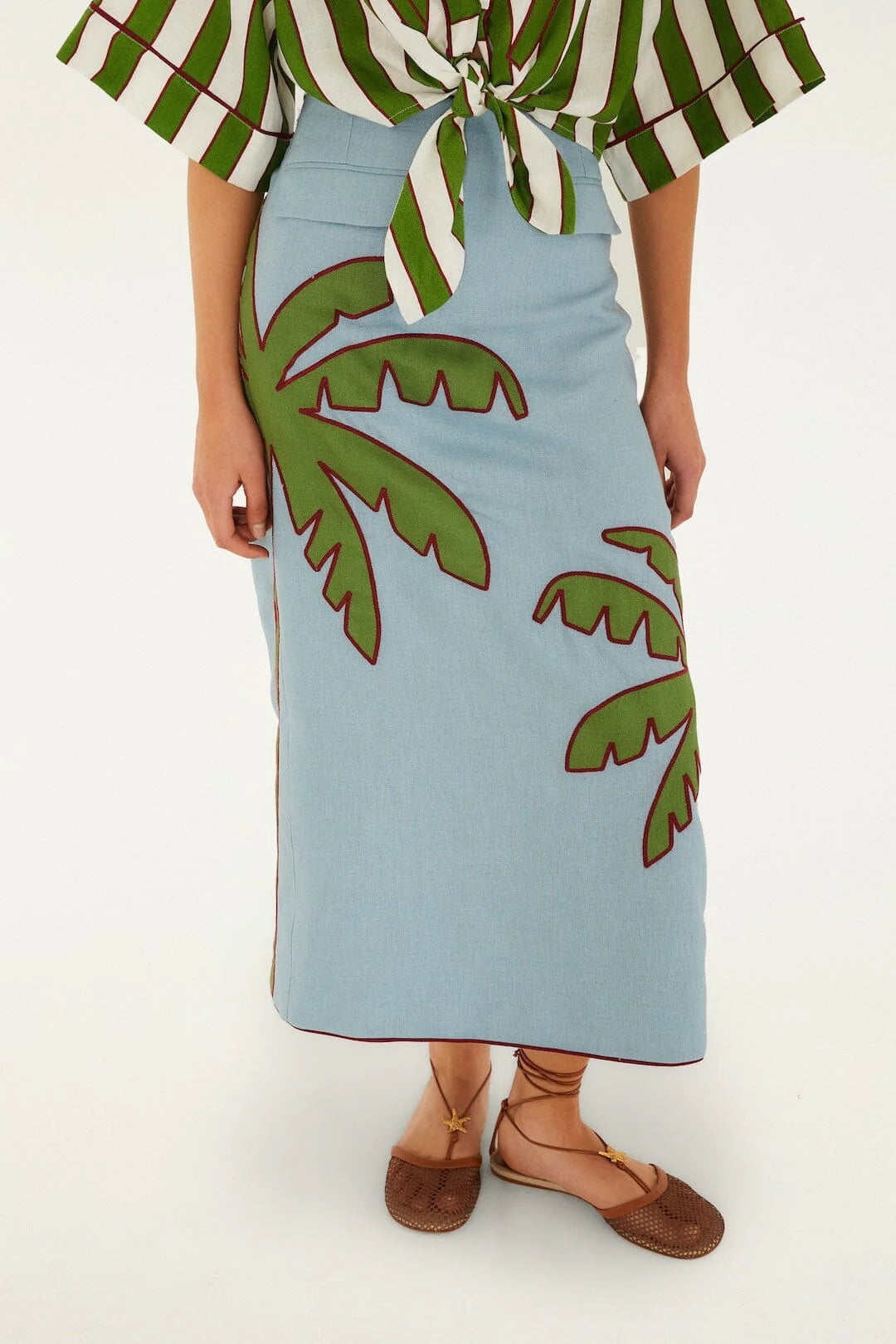 Blue and Green Embroidered Palm Tree Skirt Set