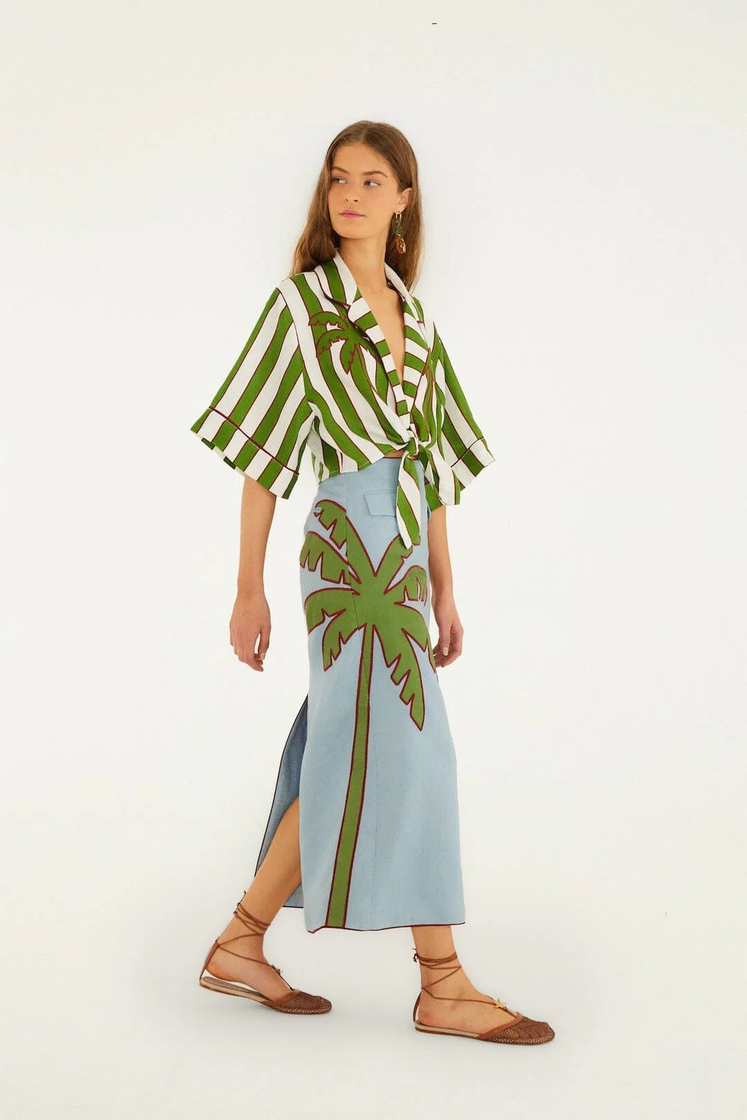 Blue and Green Embroidered Palm Tree Skirt Set