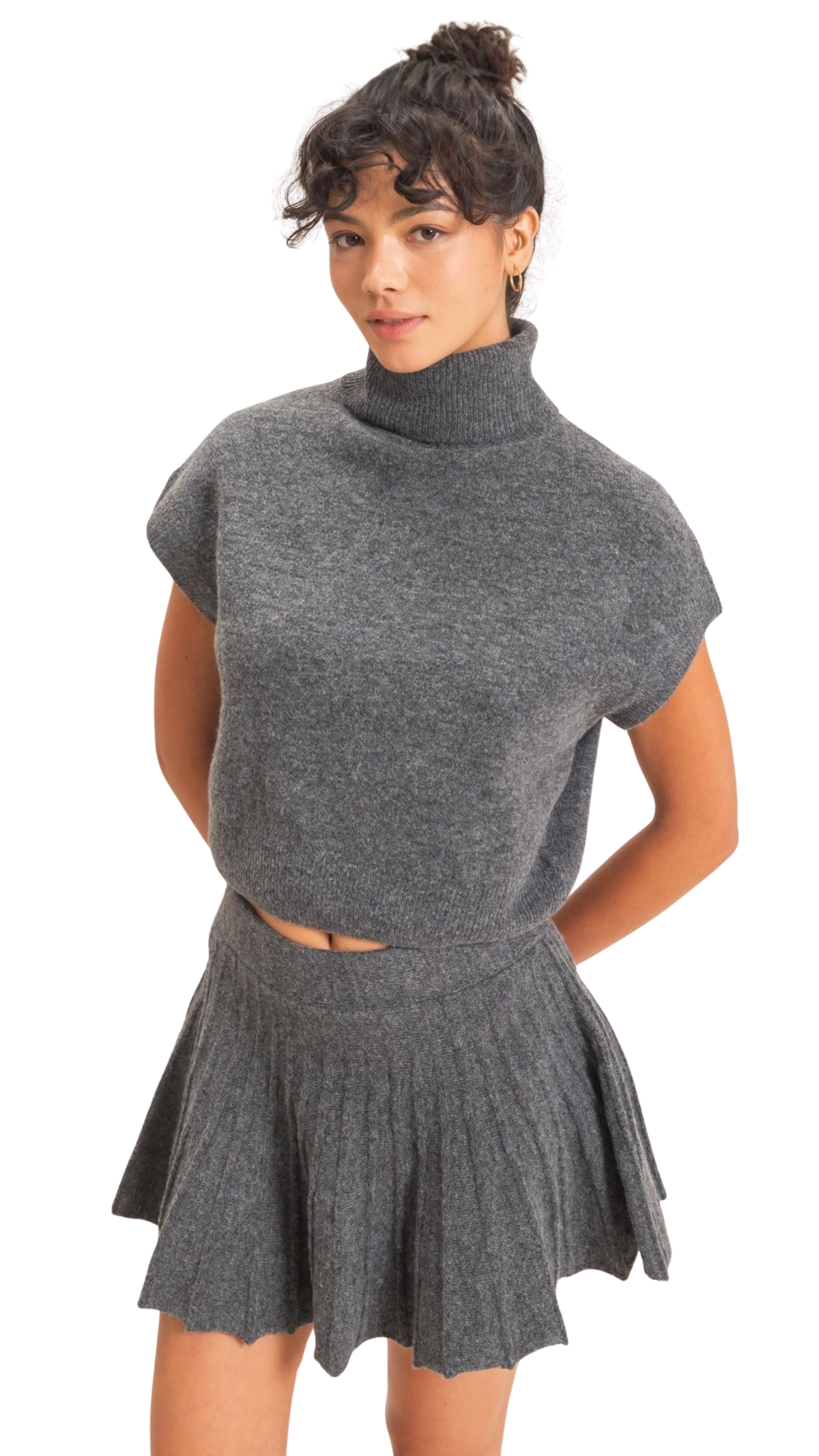 Sofia Turtleneck Knit Skirt Set - Charcoal