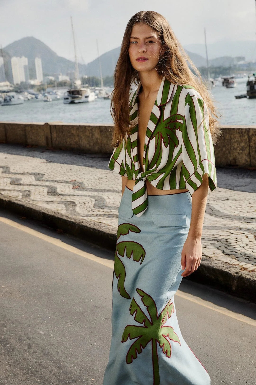 Blue and Green Embroidered Palm Tree Skirt Set