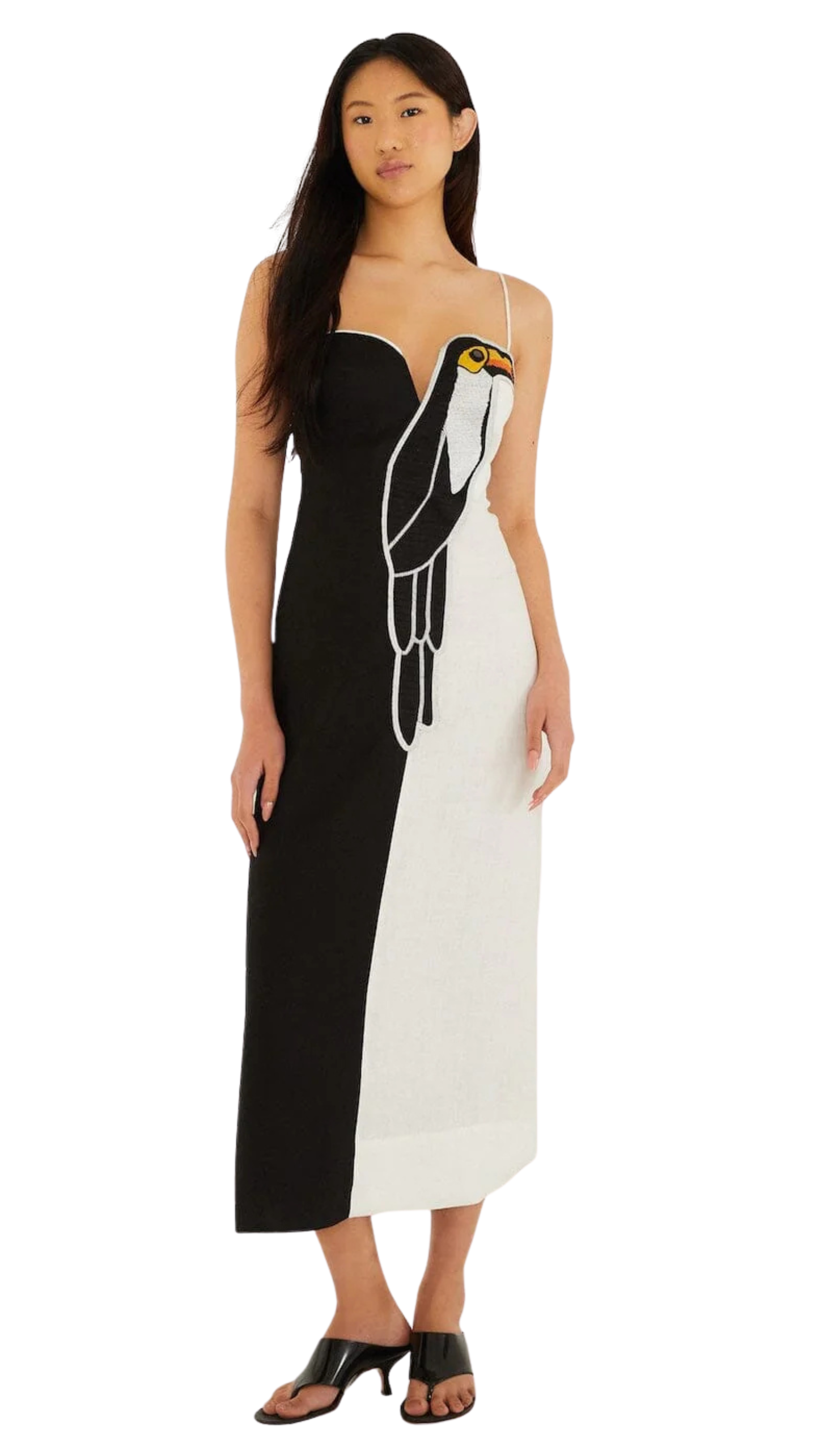 Black And White Embroidered Toucan Maxi Dress