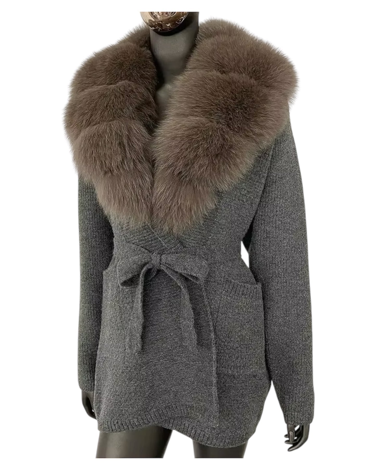 The Luxe Fox Fur Knit Cardigan-Grey