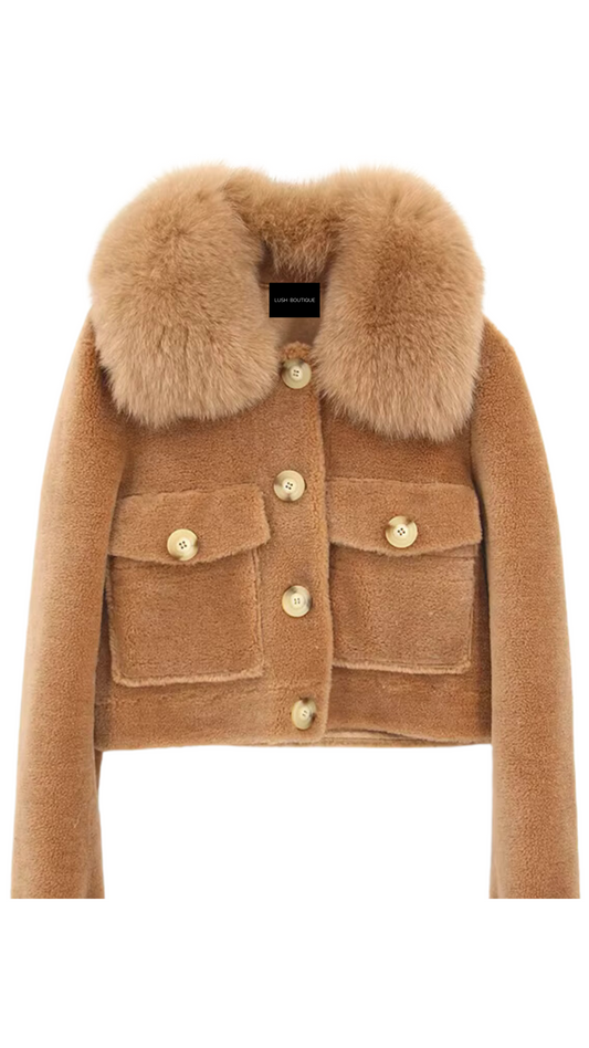 London Teddy Jacket Fox Fur Collar - Camel