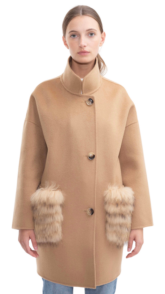 Chelsea Cashmere Coat Raccoon Pockets - Camel