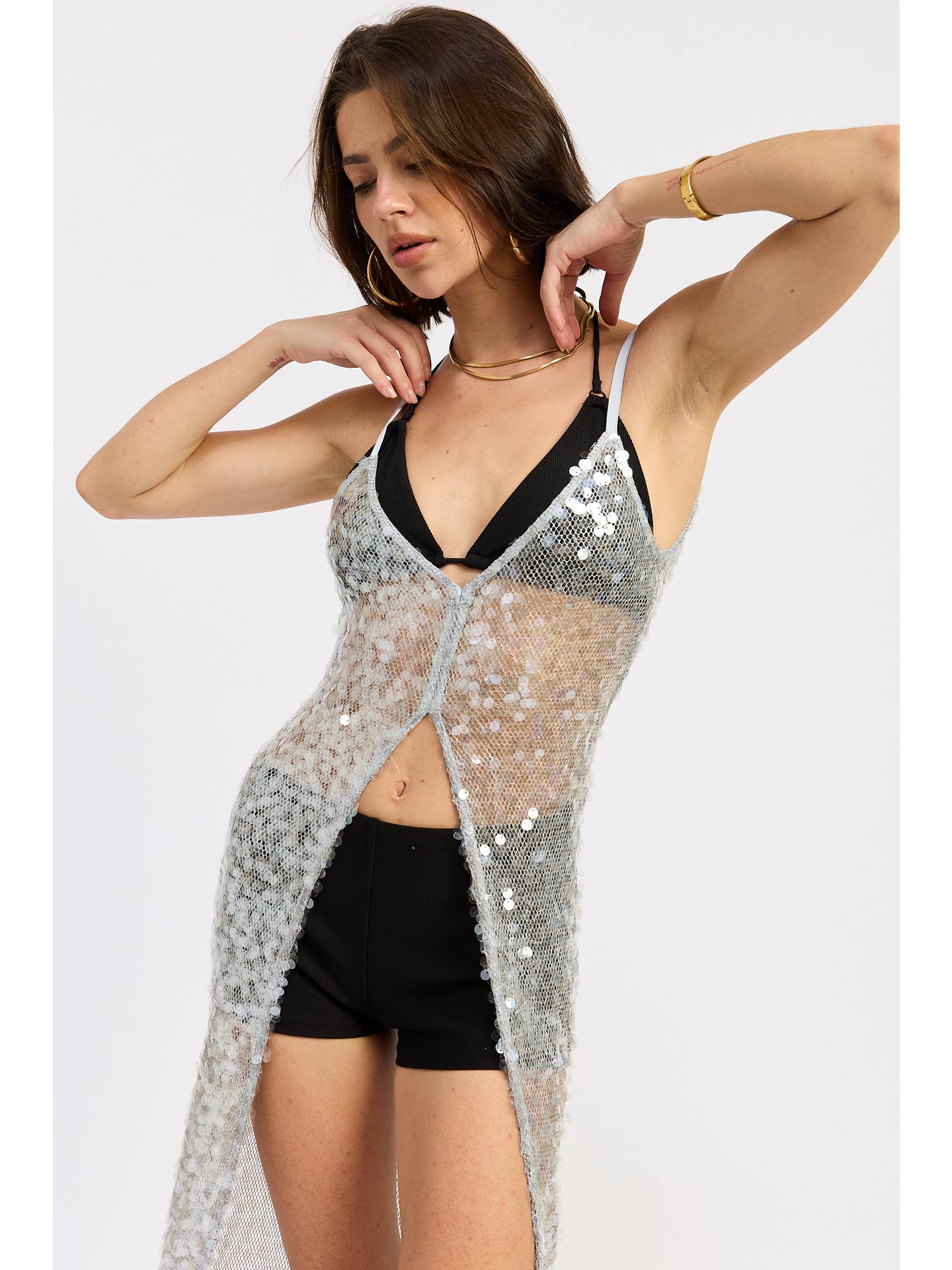 Sheer Sequin Maxi Overlay Top – Silver