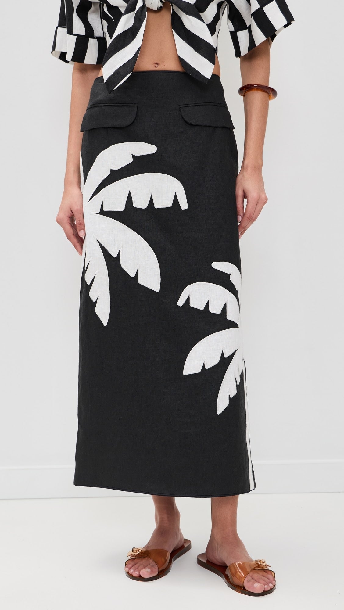 Black Embroidered Palm Tree Skirt Set