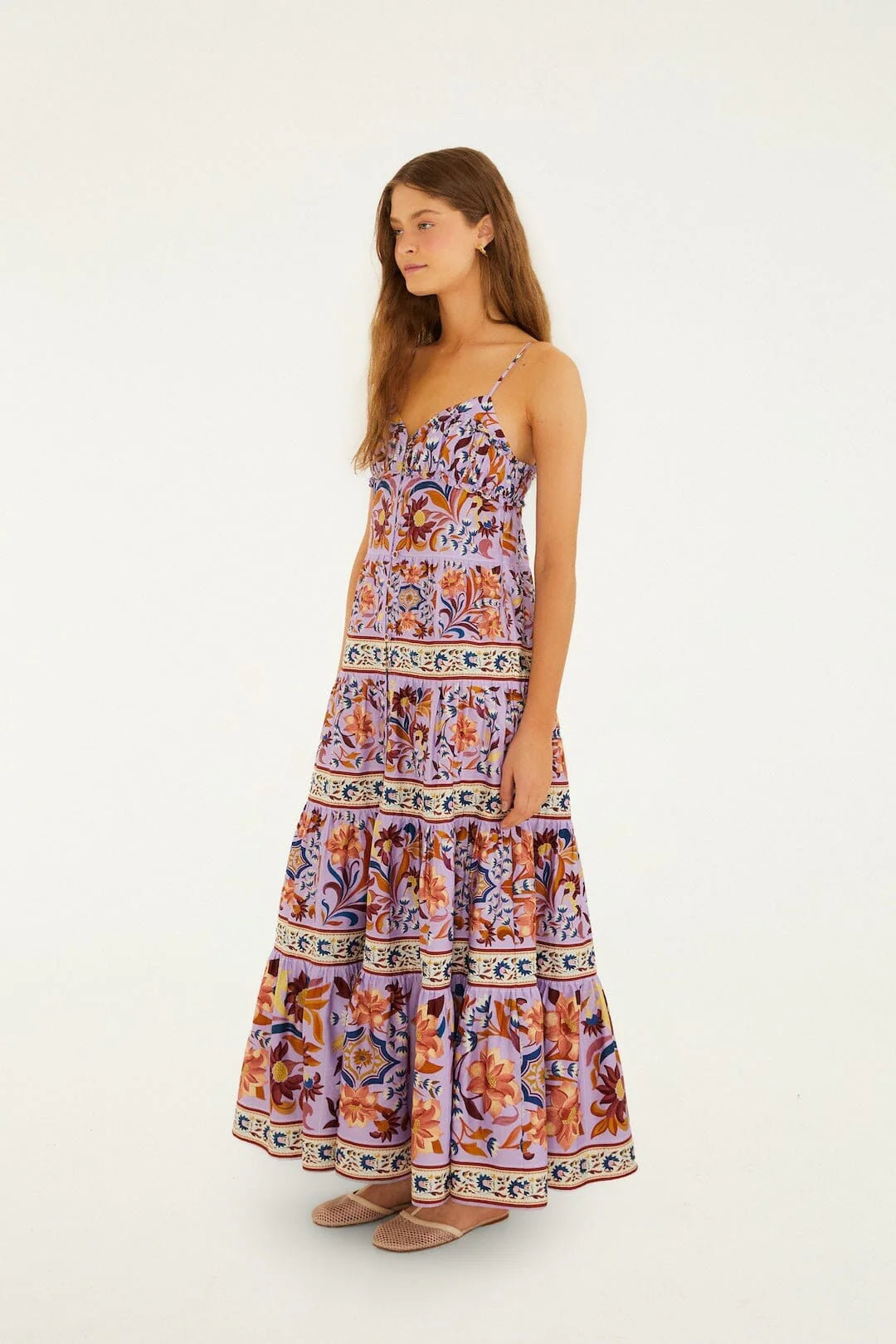 Lilac Flower Tiles Sleeveless Tiered Maxi Dress