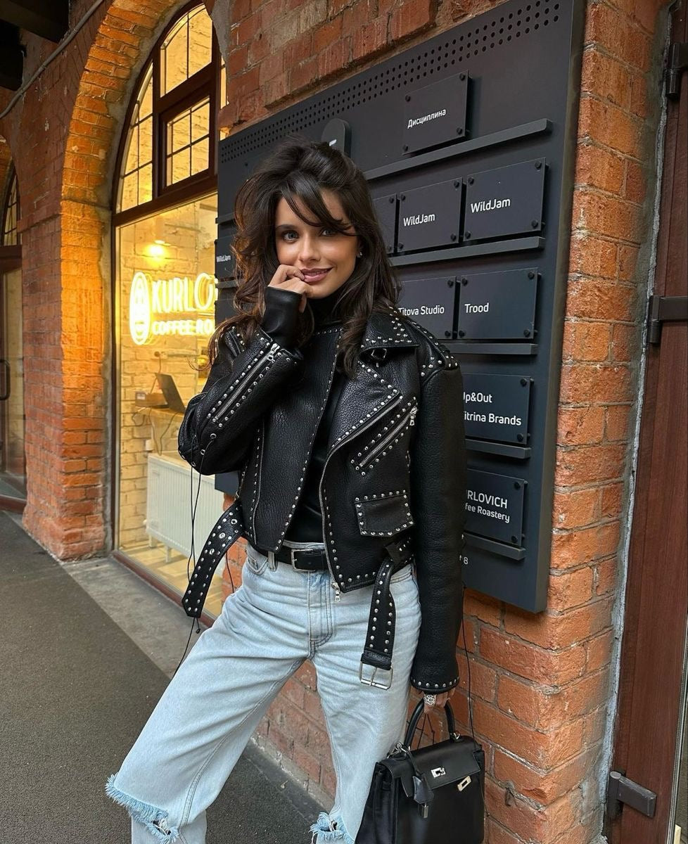 Rivet-Trim Studded Leather Jacket