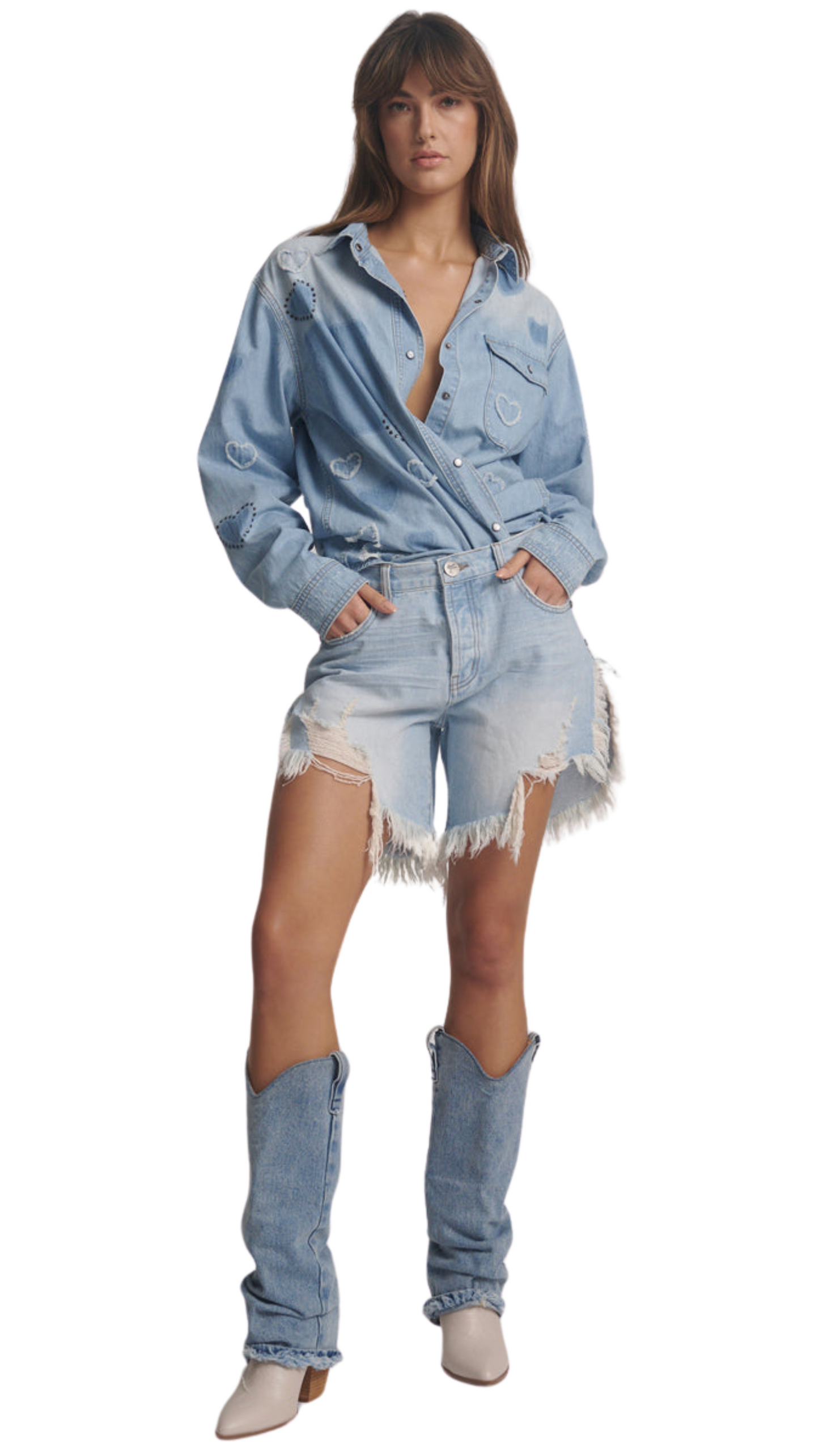 Frankies Long Length Denim Shorts - Blue Heart