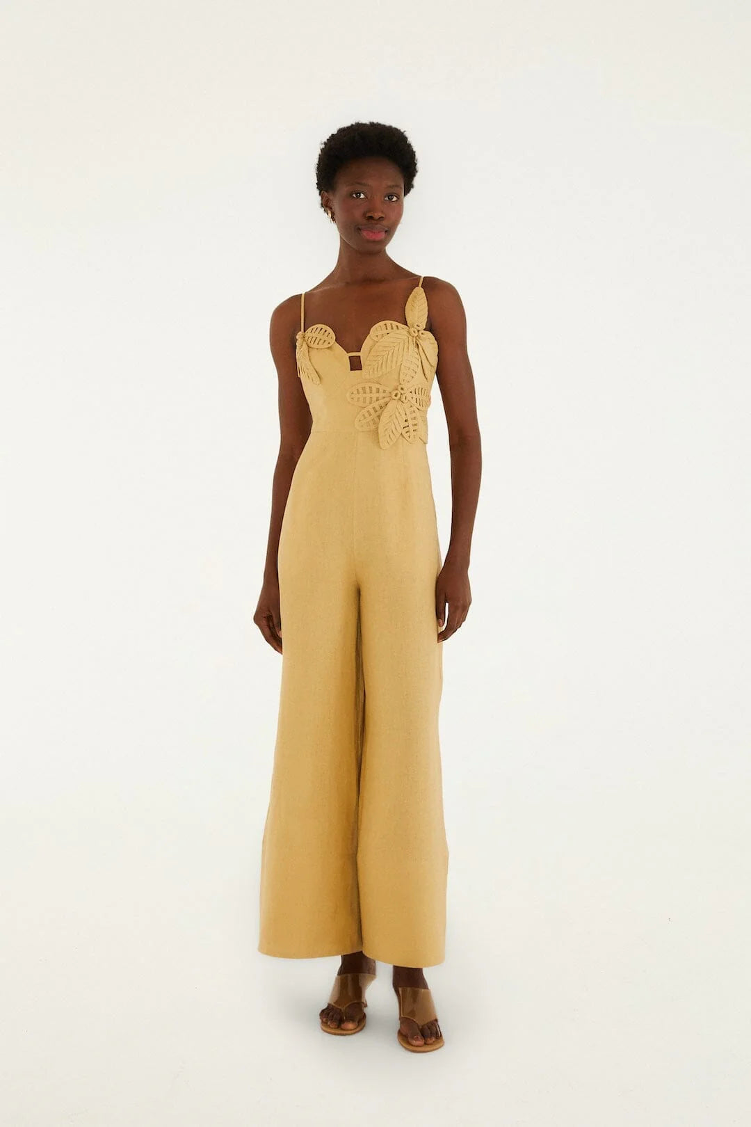 Sand 3d Flowers Linen Jumpsuit
