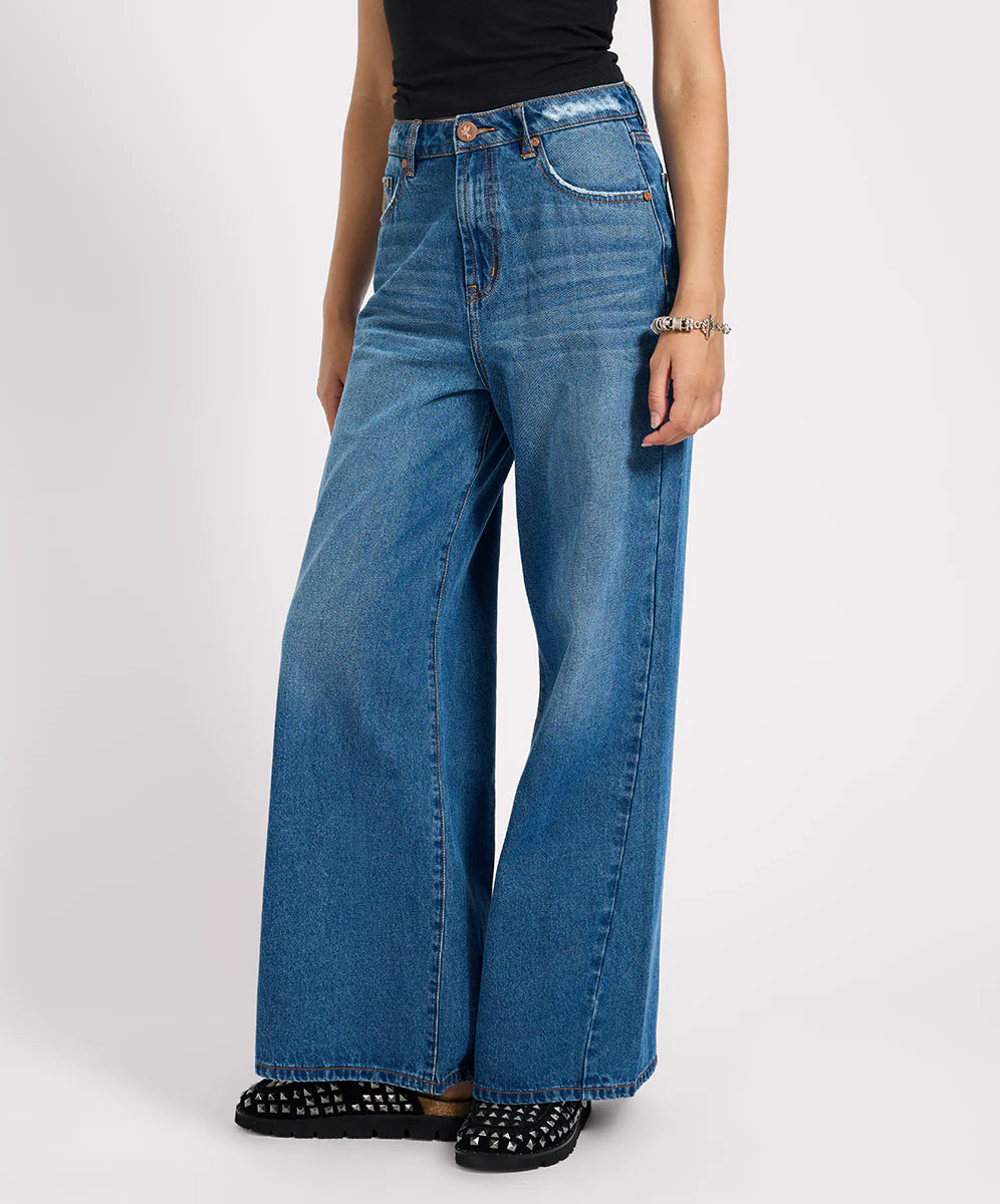 Love Machines Mid Waist Super Wide Leg Denim Jeans- Pacifica
