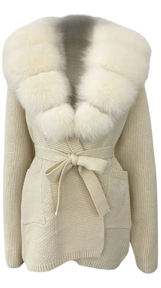The Luxe Fox Fur Knit Cardigan- Off White