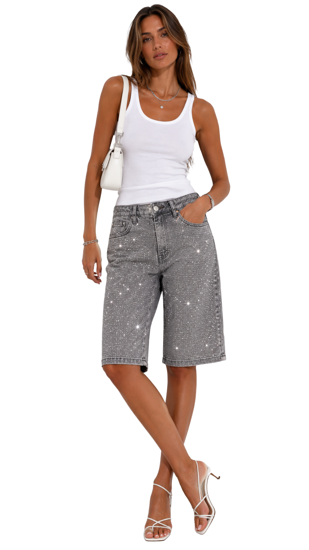 Starlight Crystal Denim Shorts-Grey