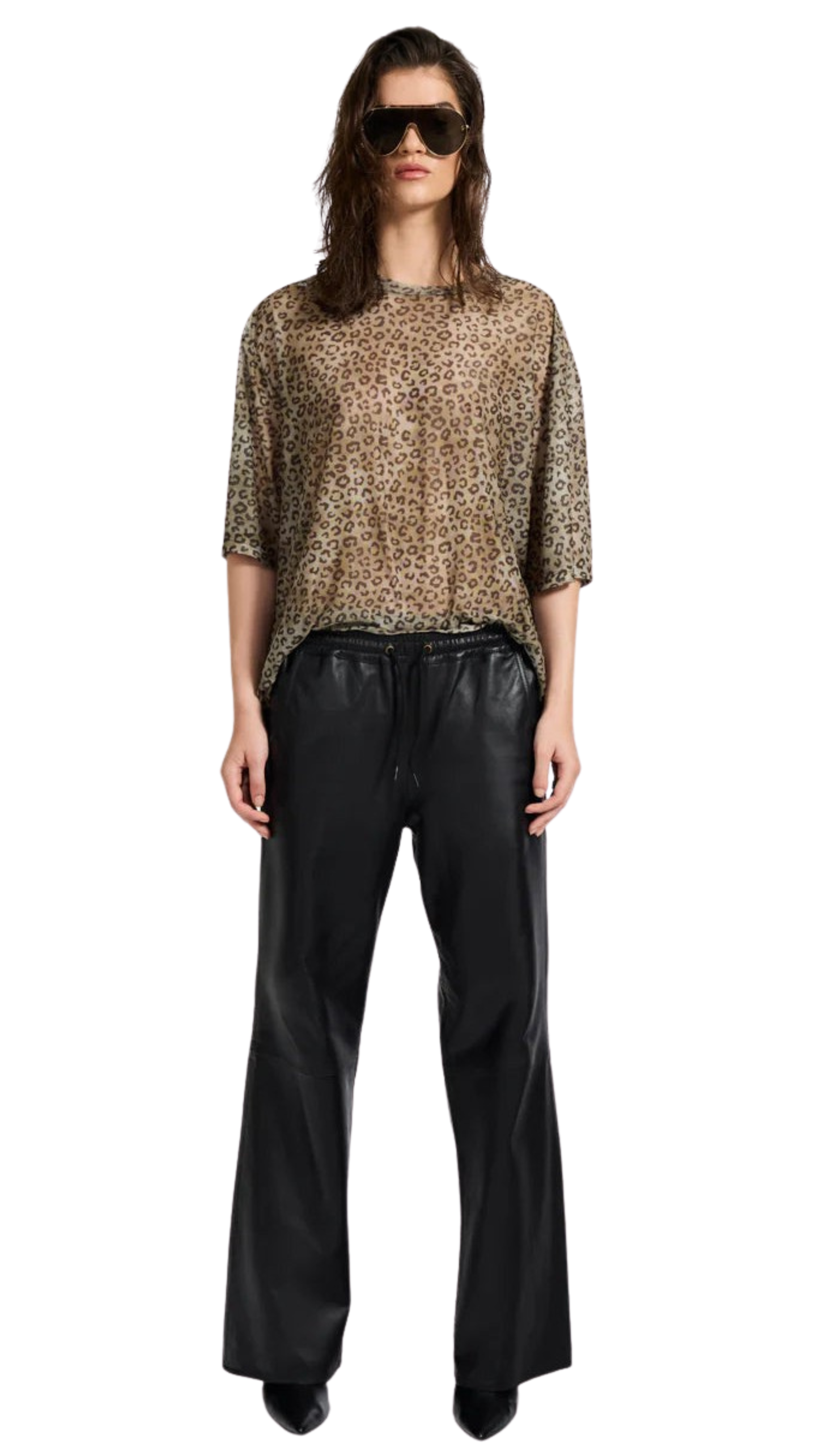 Roadhouse Mid Waist Wide Leg Drawstring Leather Pants - Black