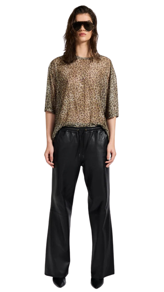 Roadhouse Mid Waist Wide Leg Drawstring Leather Pants - Black