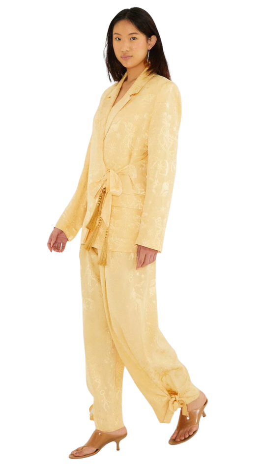 Beige Notched Lapel Front Ties Blazer Set