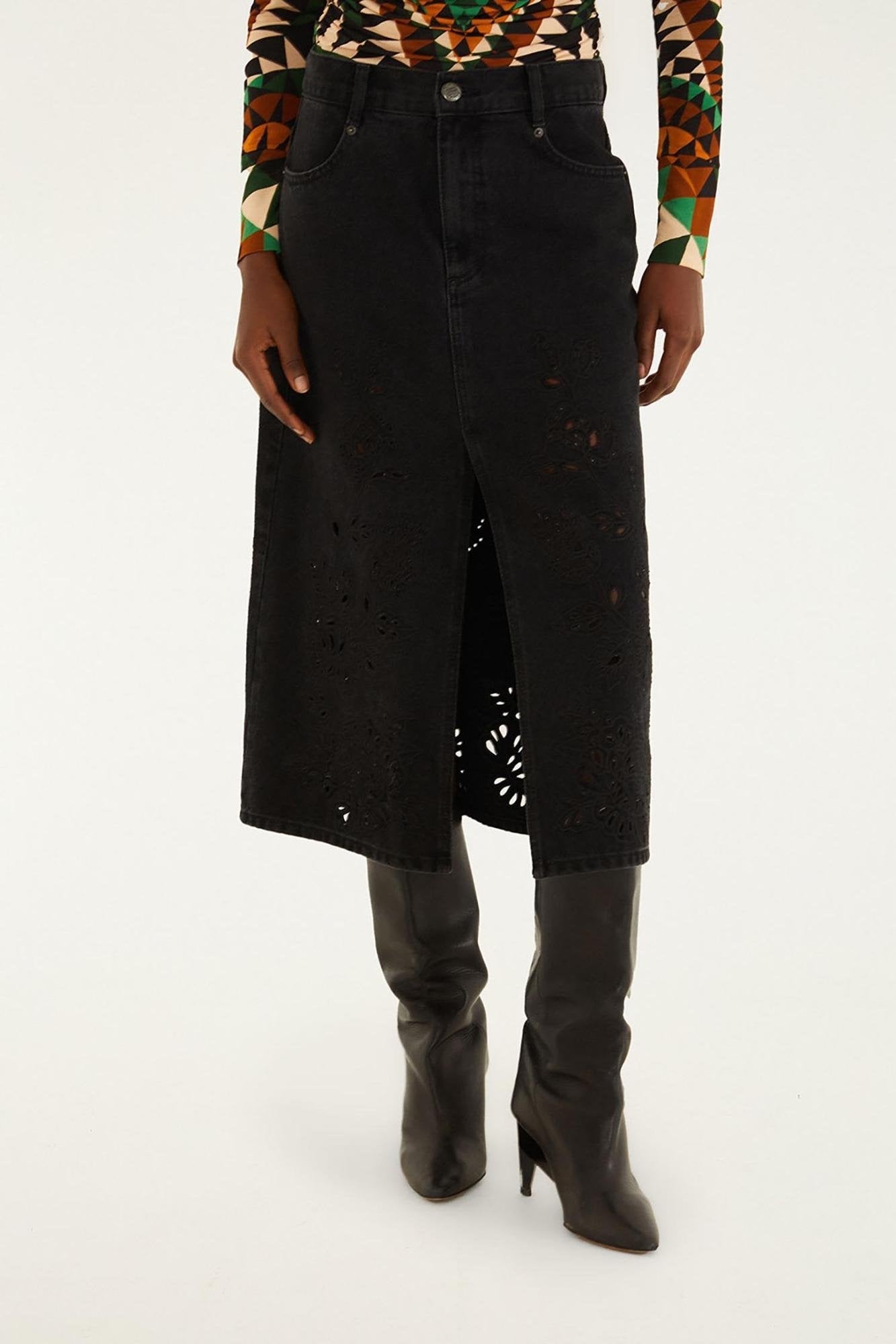 Black Cut-Out Richelieu Denim Skirt