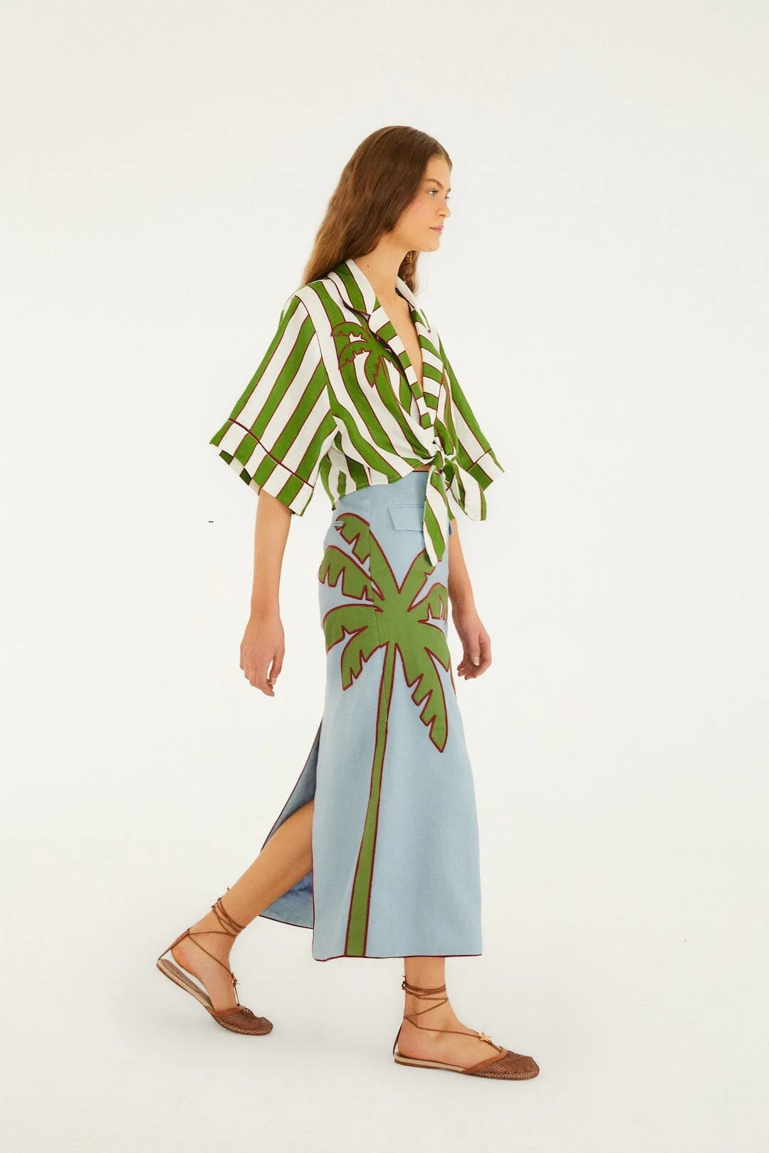 Blue and Green Embroidered Palm Tree Skirt Set