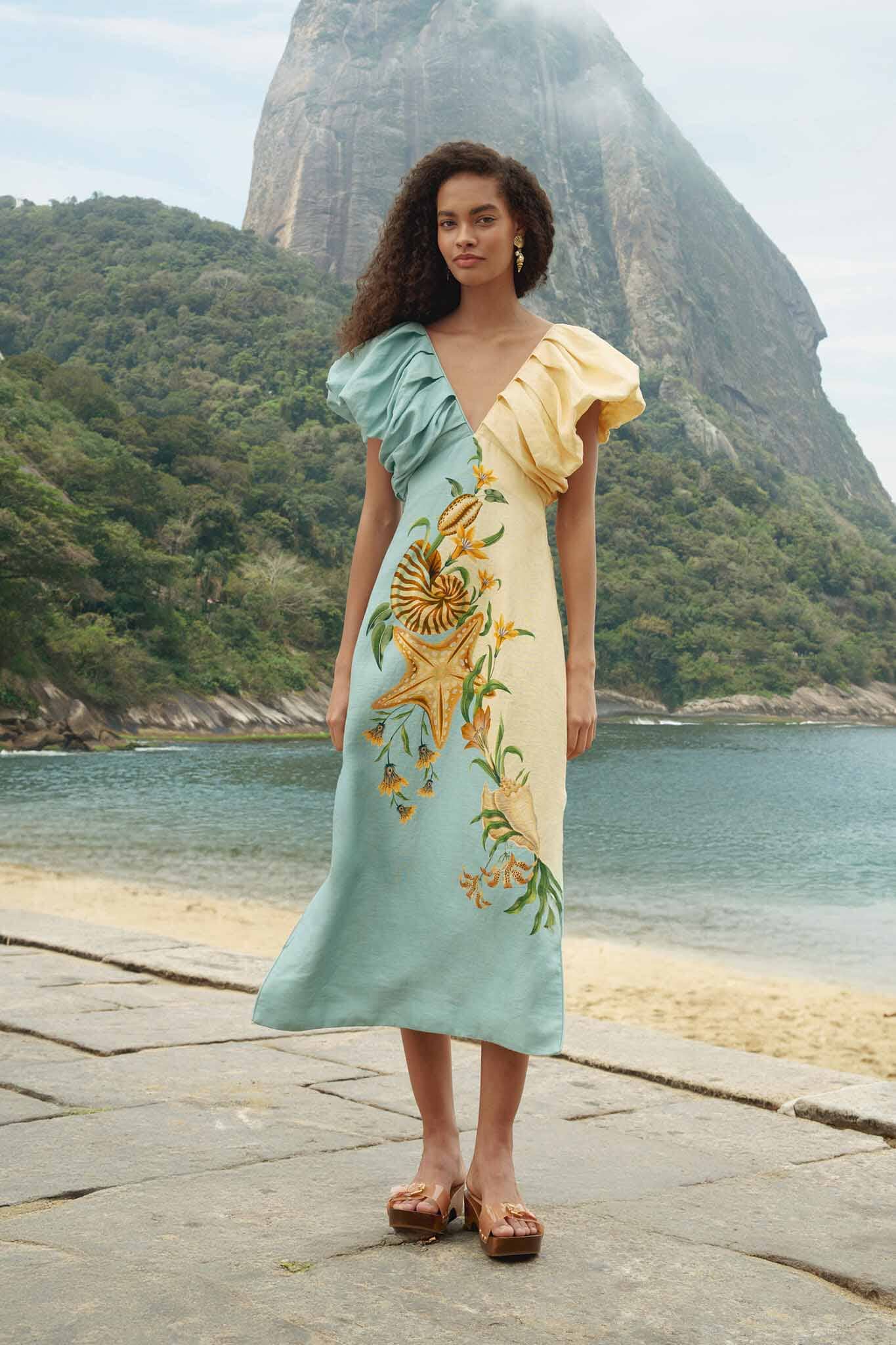 Bicolor Marine Garden Puff Sleeve Midi Dress