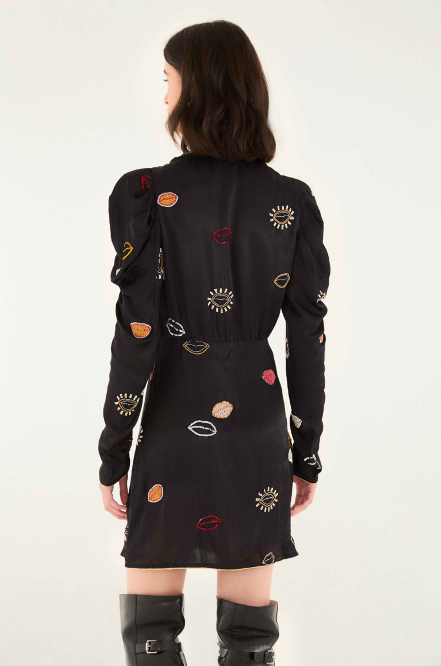 Black Beaded Kisses Viscose Wrap Mini Dress