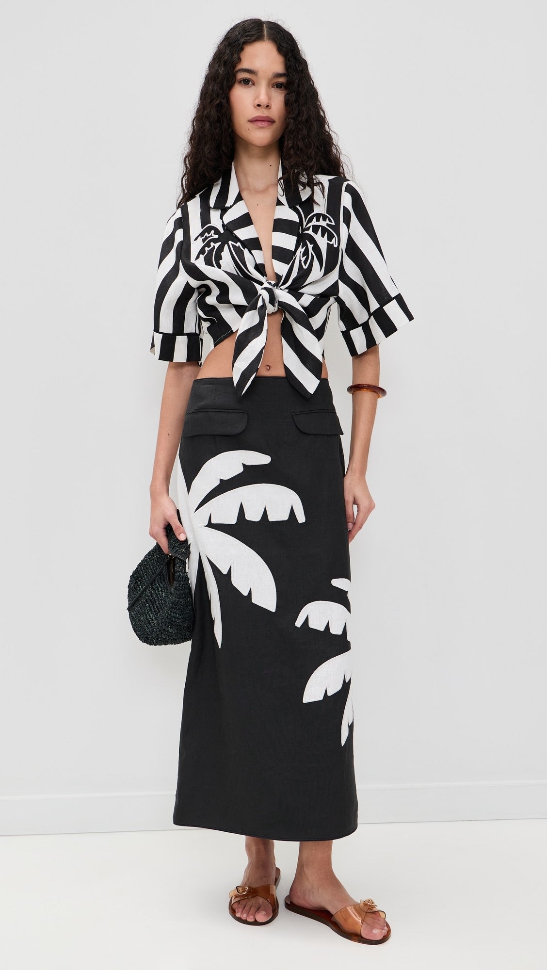 Black Embroidered Palm Tree Skirt Set