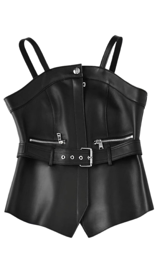 Giselle Belted Black Leather Bustier