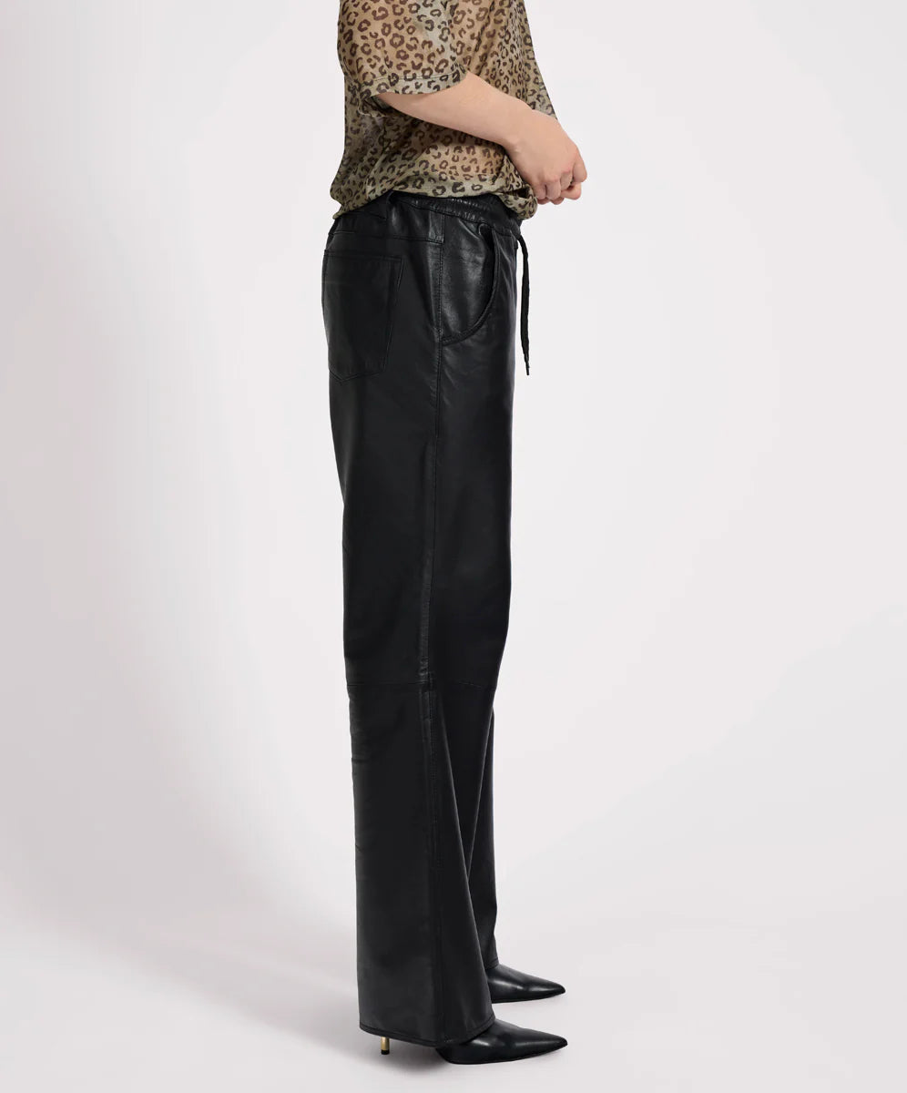 Roadhouse Mid Waist Wide Leg Drawstring Leather Pants - Black