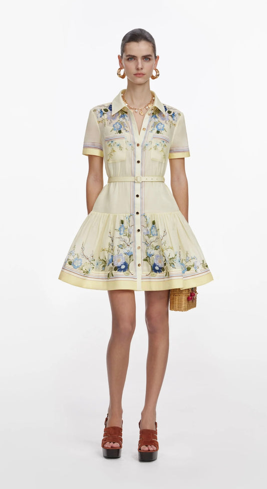 YELLOW FLORAL ORGANZA MINI DRESS