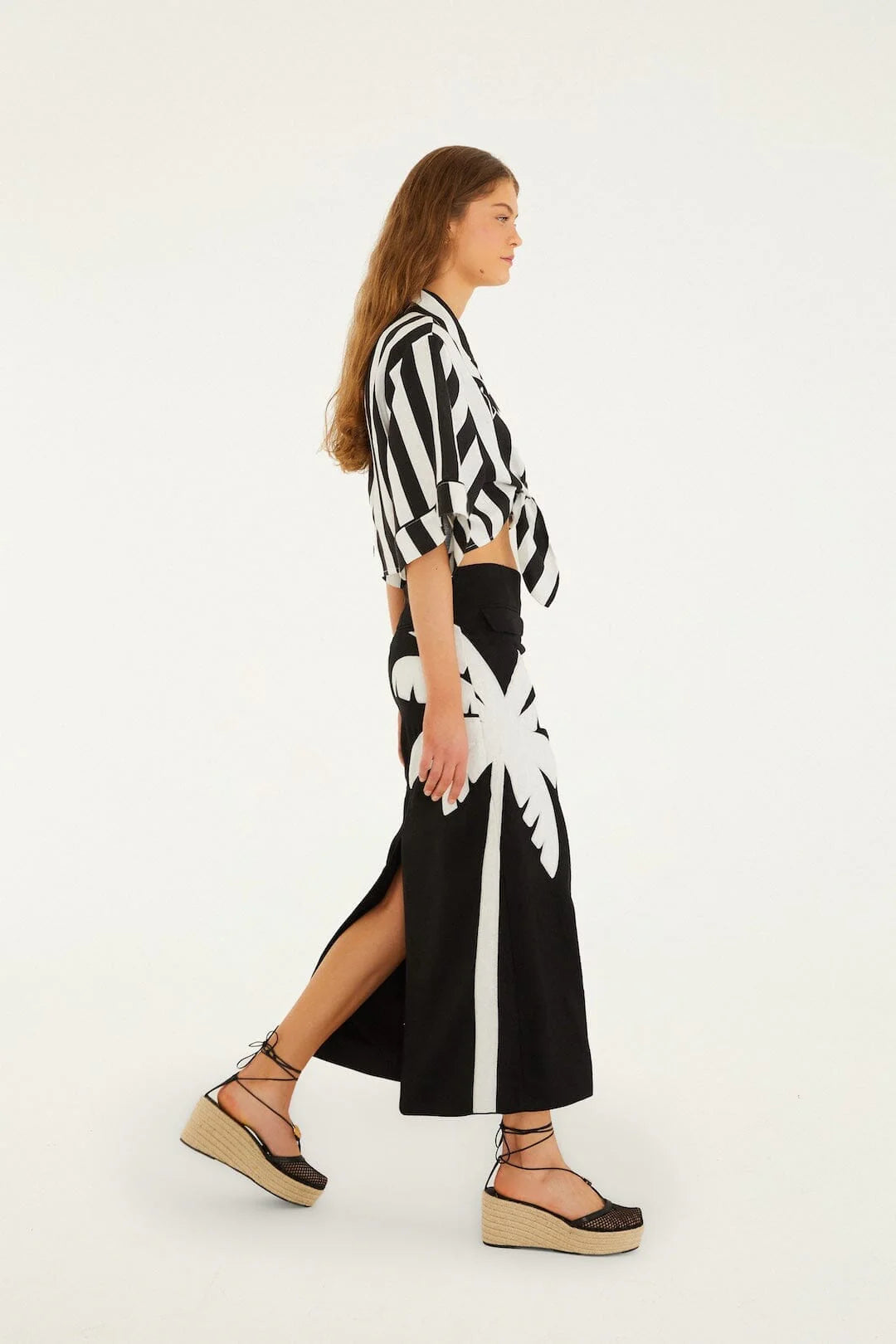 Black Embroidered Palm Tree Skirt Set