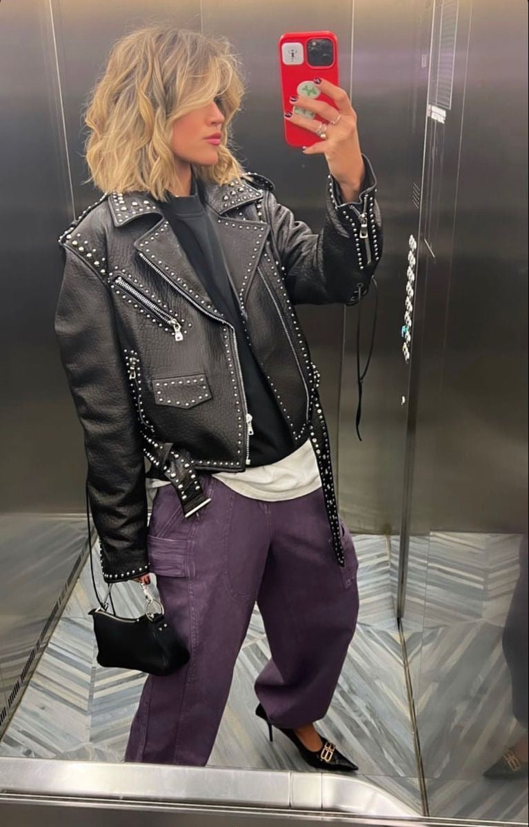 Rivet-Trim Studded Leather Jacket