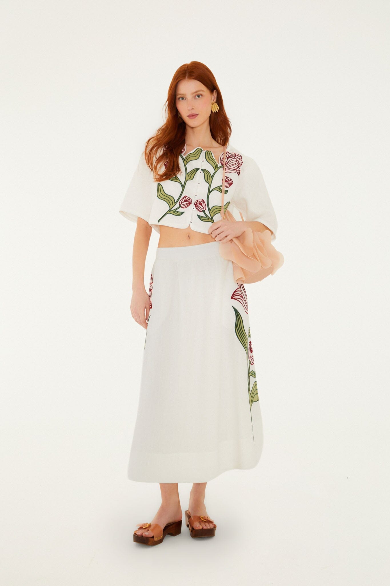 Off-White Flower Embroidered Skirt Set