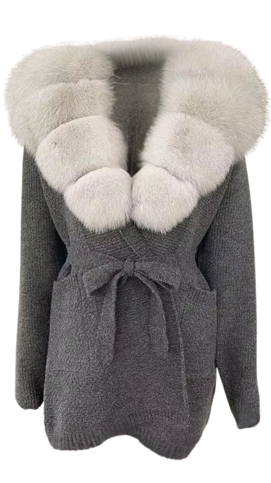 The Luxe Fox Fur Knit Cardigan- Grey/White