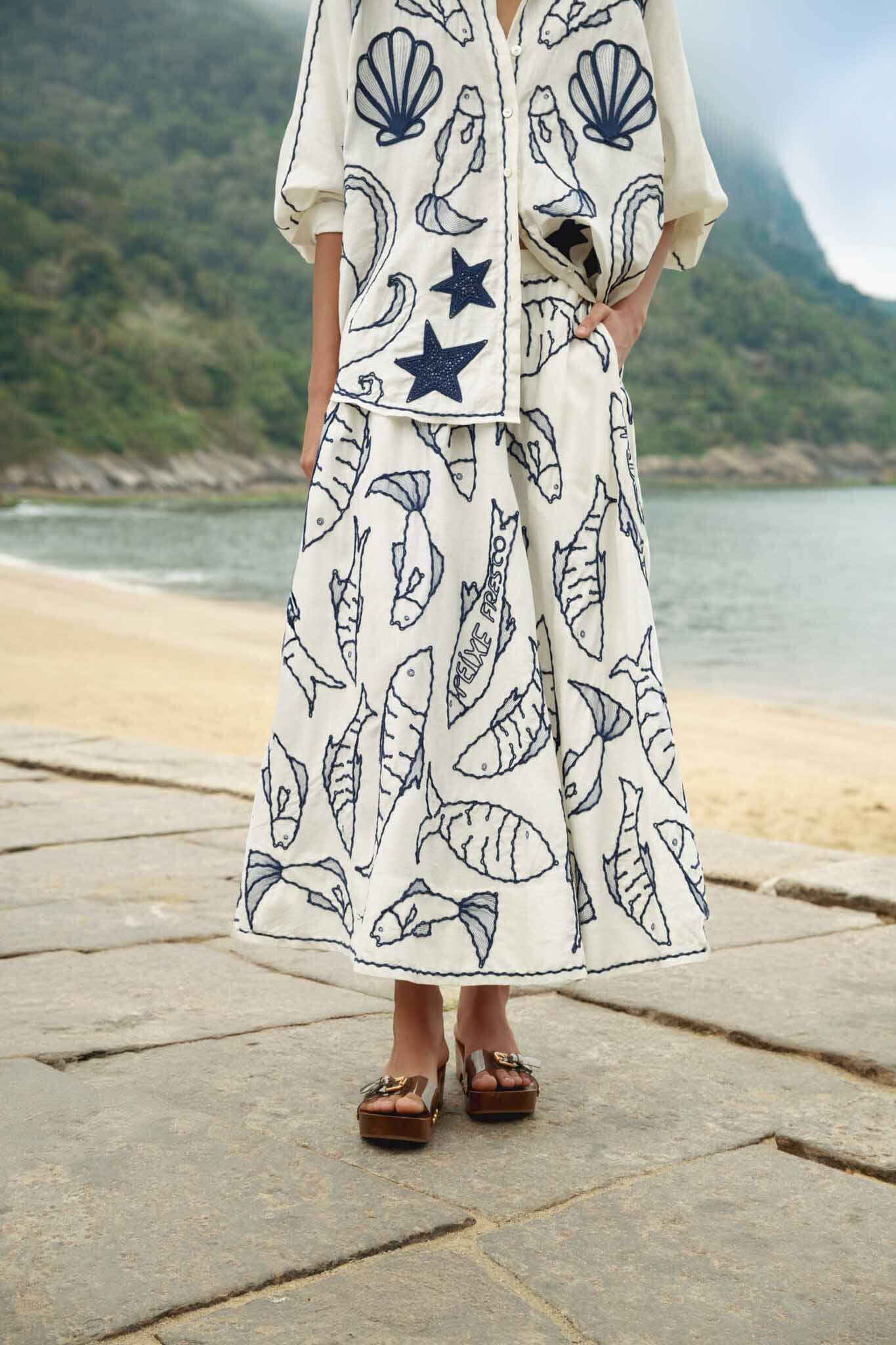Off-White Fresh Fish Embroidered Skirt Set