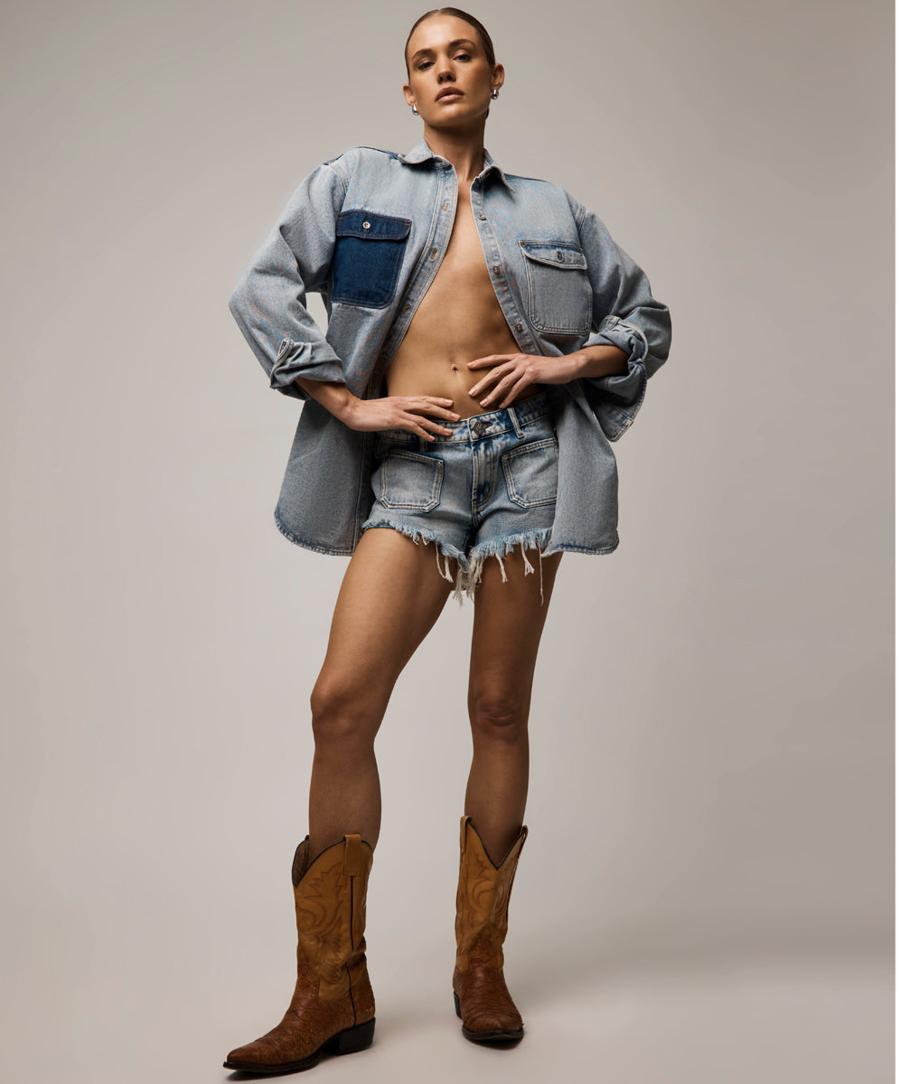 Retro Dukes Low Waist Mini Denim Shorts - Hendrixe Blue