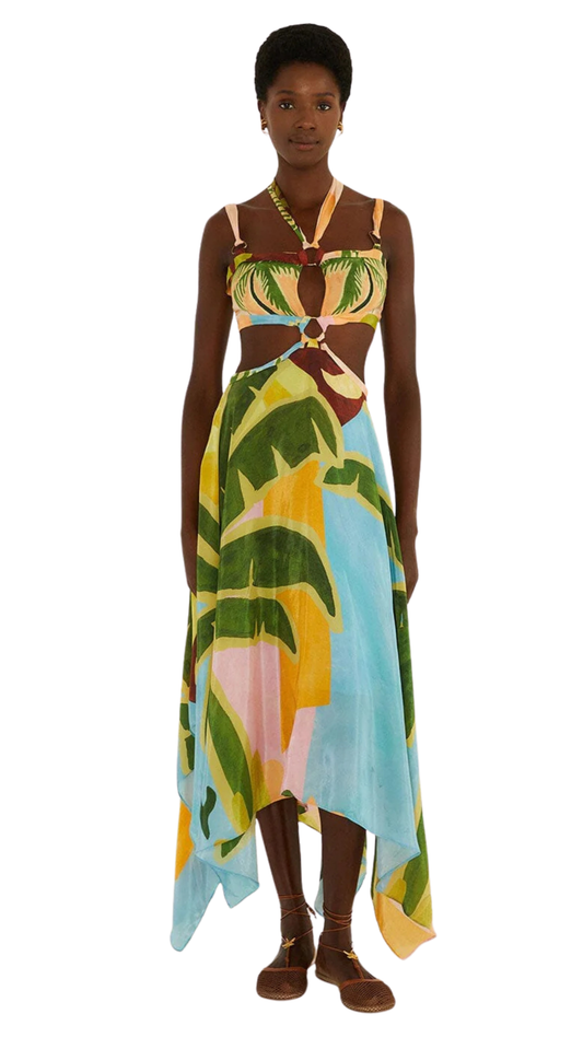 Multicolor Tropical Painting Cut-Out Buckles Maxi Dress