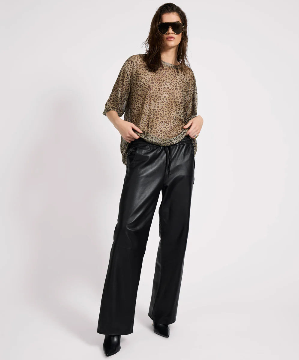 Roadhouse Mid Waist Wide Leg Drawstring Leather Pants - Black